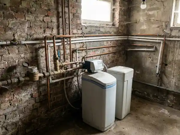 Waterontharder naast de watermeter in de kelder van een rijwoning