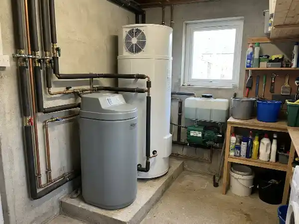 Ontharder naast een warmtepompboiler in een technische ruimte